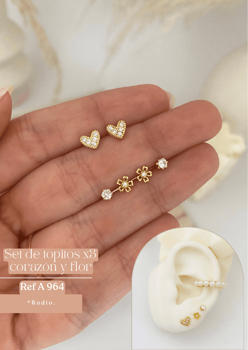 Set de topitos x3 corazón y flor